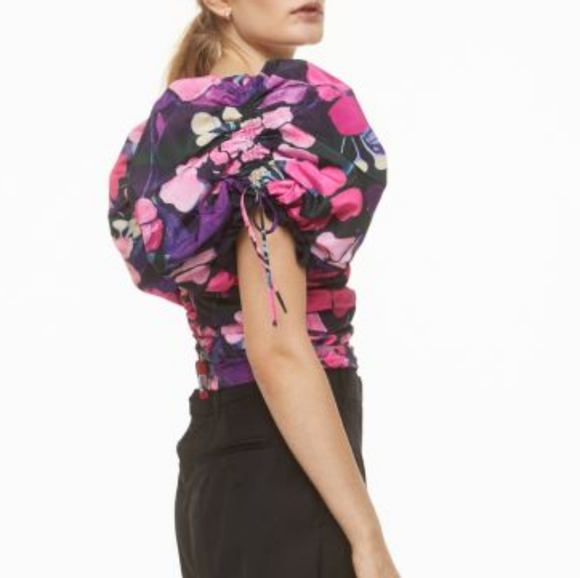 H&M Gathered Puff-sleeved Blouse Blouse Colorful Floral Print Sz M. NWOT - Picture 7 of 14